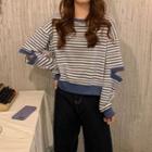 Striped Elbow-cutout Pullover