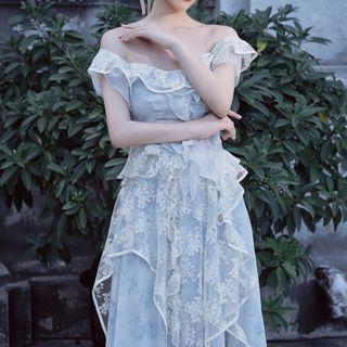 Set: Off-shoulder Irregular Lace Top + Midi A-line Skirt