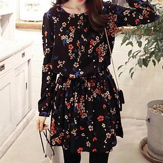 Long-sleeve Floral Print A-line Dress
