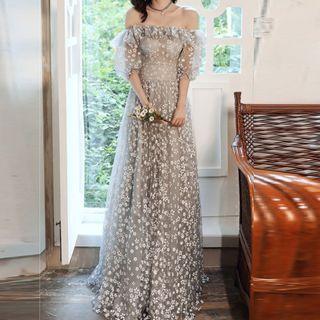 Off-shoulder Puff Sleeve Floral A-line Evening Gown