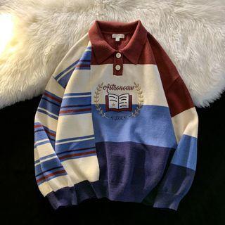 Color Block Embroidered Polo Sweater White & Blue - One Size