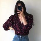 Heart Printed V-neck Long-sleeve Blouse Black - One Size