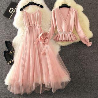 Set: Knit Top + Spaghetti Strap Mesh A-line Dress
