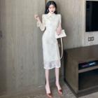 Long-sleeve Mandarin Collar Midi Sheath Lace Dress