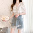Short-sleeve V-neck Lace Blouse / Asymmetrical Denim Skort