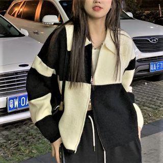 Collared Checkerboard Zip-up Cardigan Plaid - Black & Beige - One Size