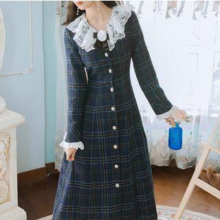 Lace Collar Long-sleeve Plaid Midi A-line Dress