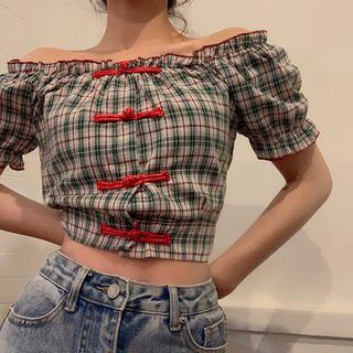 Plaid Off-shoulder Short-sleeve Frog Buttoned Top / Dress