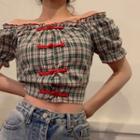 Plaid Off-shoulder Short-sleeve Frog Buttoned Top / Dress