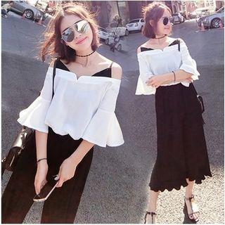 Set: Cold Shoulder Bell-sleeve Top + Pleated Culottes