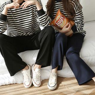 Set: Drop-shoulder Striped Pullover + Wide-leg Pants