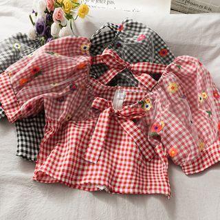 Patchwork Ribbon-accent Checker Crop Blouse