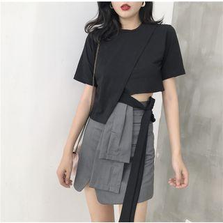 Tie Waist Short-sleeve T-shirt / Wrap A-line Skirt