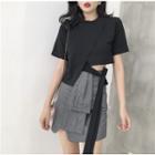 Tie Waist Short-sleeve T-shirt / Wrap A-line Skirt