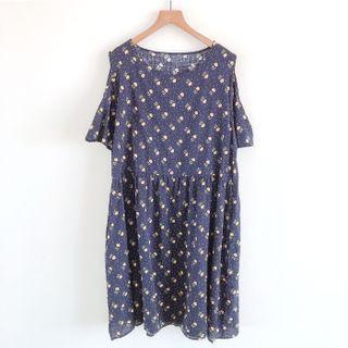 Elbow-sleeve Cold-shoulder Floral Print A-line Dres