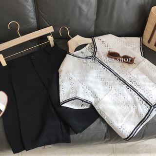 Round-neck Two Tone Button-up Top / High-waist Plain Wide Leg Shorts