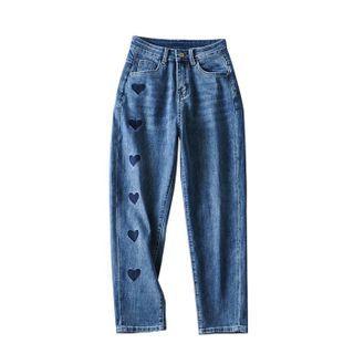 High-waist Heart Embroidered Cropped Tapered Jeans