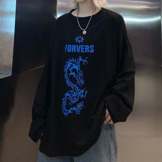 Dragon Print Short-sleeve T-shirt Black - One Size