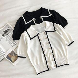Color-block Double-breasted Short-sleeve Knit Top