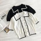 Color-block Double-breasted Short-sleeve Knit Top