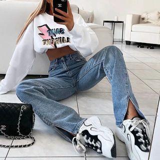 Mid Rise Straight Leg Split Jeans