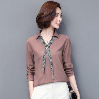 Bow-accent V-neck Long-sleeve Shirt