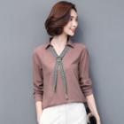Bow-accent V-neck Long-sleeve Shirt