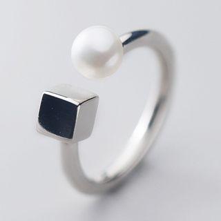 925 Sterling Silver Cube Faux Pearl Open Ring Ring - One Size