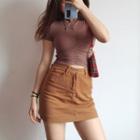 Short-sleeve Mock-neck Plain Slim-fit Top