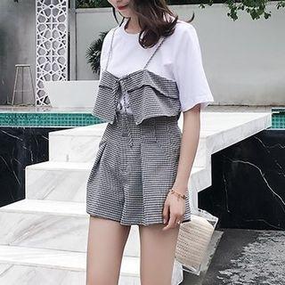 Set: Short-sleeve Mock Two-piece T-shirt + Plaid Shorts