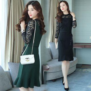 Set: Lace Long-sleeve Top + Ruffle Hem Sleeveless A-line Dress