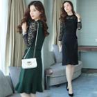 Set: Lace Long-sleeve Top + Ruffle Hem Sleeveless A-line Dress