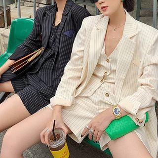 Pinstriped Double-breasted Blazer / Single-breasted Vest / High-waist Wide-leg Shorts