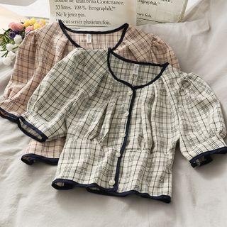 Contrasted Checker Crop Blouse