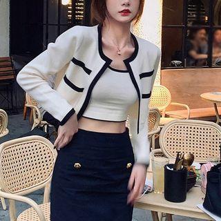 Set: Contrast Trim Cardigan + Cropped Knit Tank Top