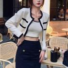Set: Contrast Trim Cardigan + Cropped Knit Tank Top