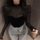 Long-sleeve Mock-neck Mesh Top Black - One Size