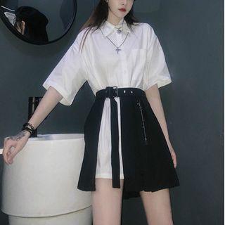 Plain Short-sleeve Shirt / Slit A-line Skirt