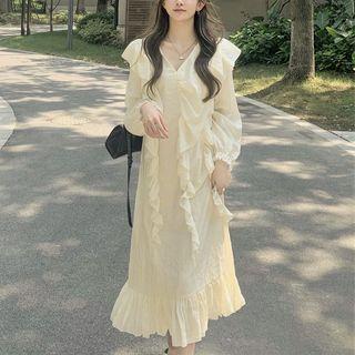 Long-sleeve Ruffled Midi A-line Dress Almond - One Size