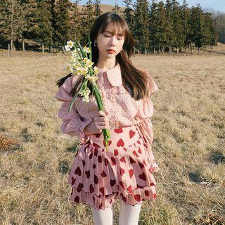 Peter-pan-collar Dotted Blouse / Heart Print Pleated Skirt