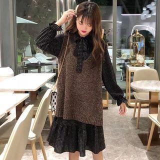Tie Neck Plaid Long-sleeve A-line Dress / V-neck Knit Vest