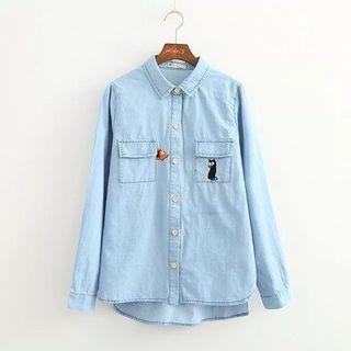 Cat & Fish Embroidered Long-sleeve Shirt