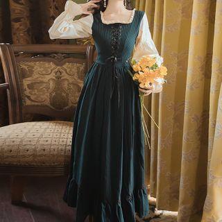 Striped Lace Up Long-sleeve Midi A-line Dress