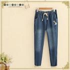 Rabbit Embroidered Drawstring Jeans