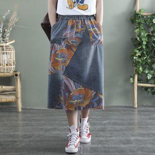 Print Panel Denim Midi Skirt Blue - One Size