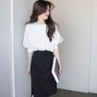 Puff-sleeve Plain Blouse / Slit Pencil Skirt / Set