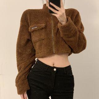 Long-sleeve Mock-neck Fleece Zip-up Cropped Jacket
