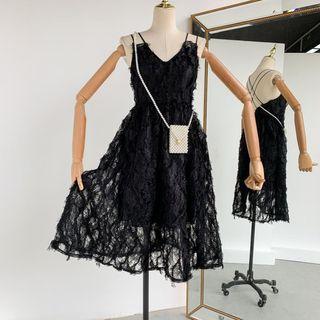 Cross Strap Suspender Open-back Lace Dress