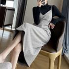 Set: Long-sleeve Knit Top + Midi Overall Dress