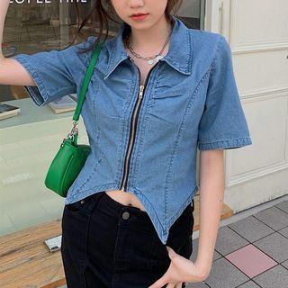 Short-sleeve Asymmetrical Zip Denim Shirt / Slit-hem Flared Pants